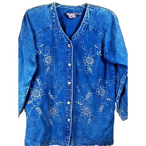 Premier Denim Shacket / Shirt Floral Embroidered Button Down Ladies Small
